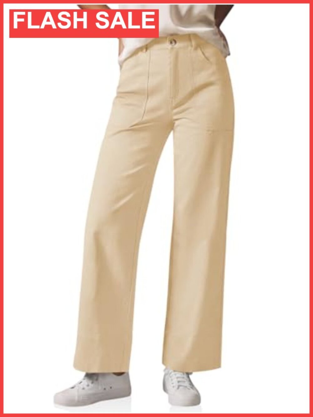 Womens Wide Leg High Waisted 100% Cotton Casual Trousers
